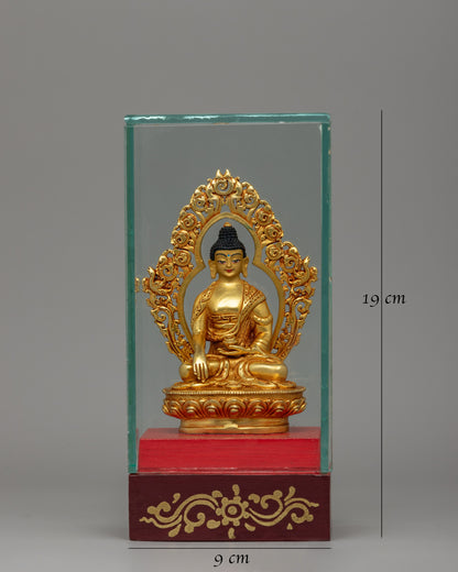 Glass-Enclosed Shakyamuni Buddha Statue | Meditative Lotus Pedestal Figure