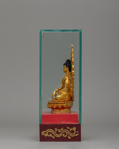 Glass-Enclosed Shakyamuni Buddha Statue | Meditative Lotus Pedestal Figure