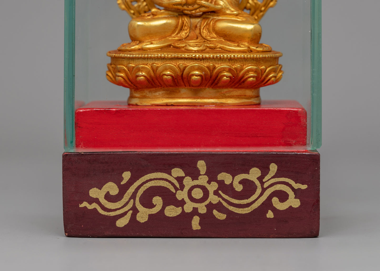 Gold-Plated Amitabha Buddha Statue | Glass-Enclosed Floral Throne Amitabha Sculpture