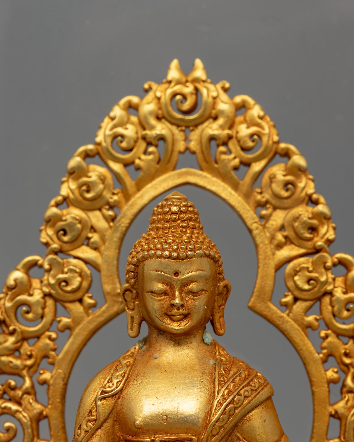 Gold-Plated Amitabha Buddha Statue | Glass-Enclosed Floral Throne Amitabha Sculpture