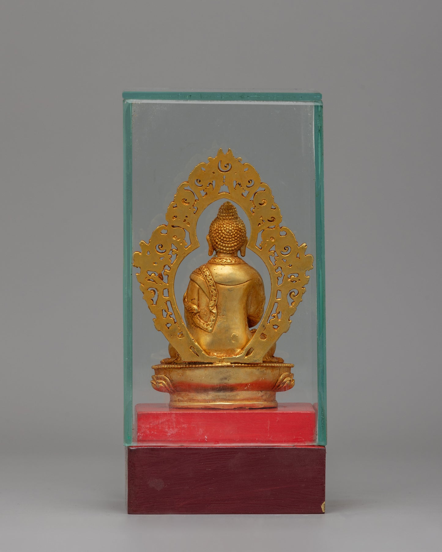 Gold-Plated Amitabha Buddha Statue | Glass-Enclosed Floral Throne Amitabha Sculpture