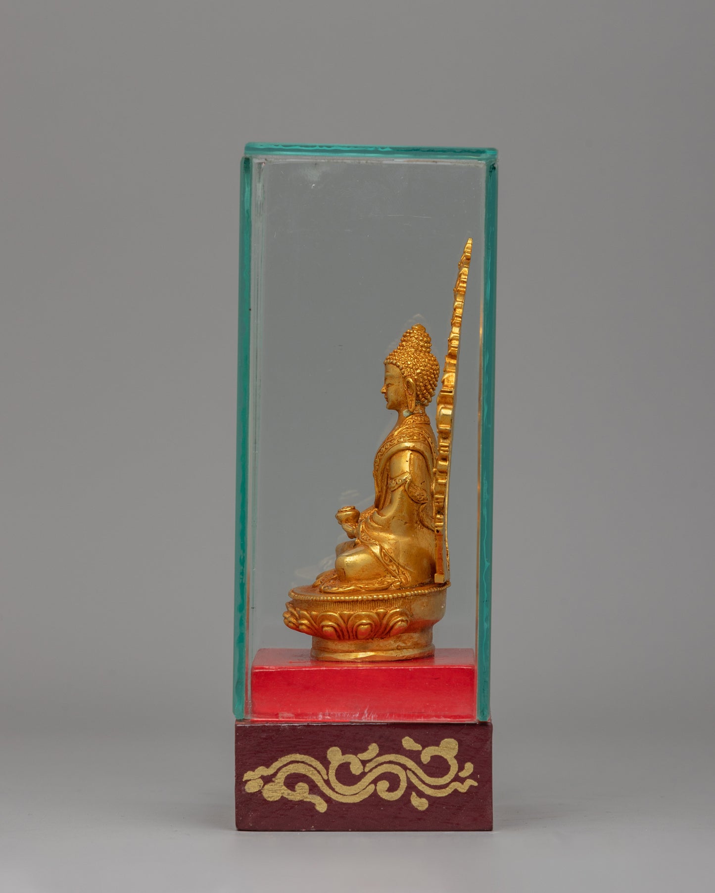 Gold-Plated Amitabha Buddha Statue | Glass-Enclosed Floral Throne Amitabha Sculpture