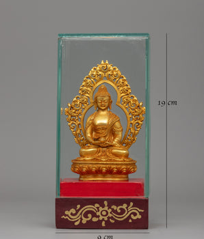 Gold-Plated Amitabha Buddha Statue | Glass-Enclosed Floral Throne Amitabha Sculpture