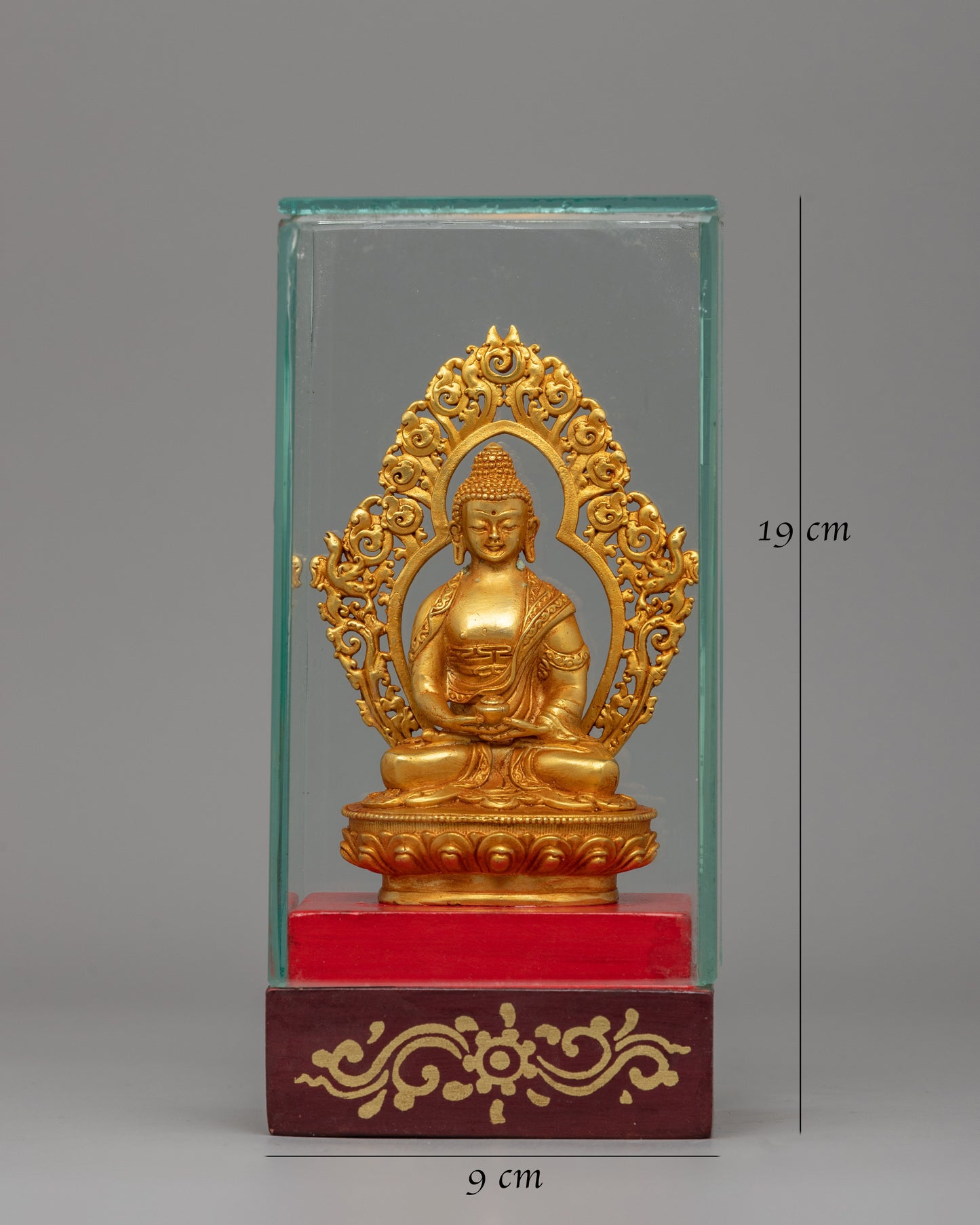 Gold-Plated Amitabha Buddha Statue | Glass-Enclosed Floral Throne Amitabha Sculpture