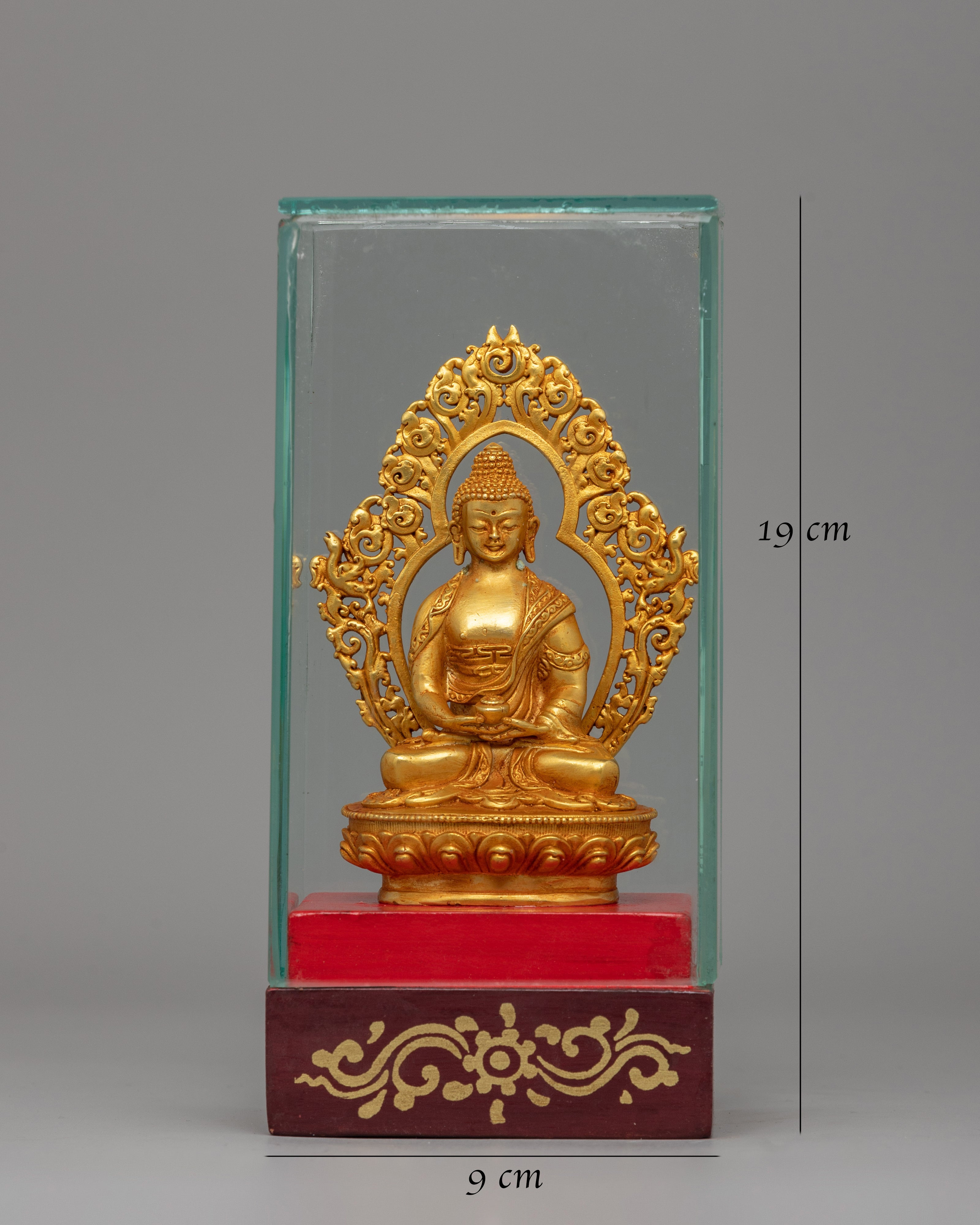 Gold-Plated Amitabha Buddha Statue | Glass-Enclosed Floral Throne Amitabha Sculpture