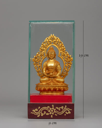 Gold-Plated Amitabha Buddha Statue | Glass-Enclosed Floral Throne Amitabha Sculpture