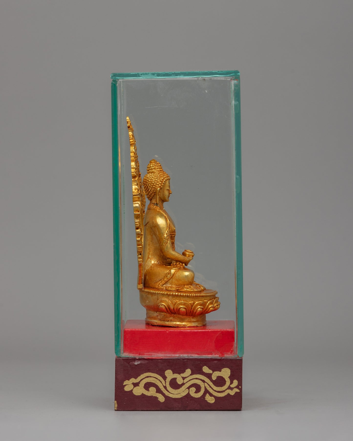 Gold-Plated Amitabha Buddha Statue | Glass-Enclosed Floral Throne Amitabha Sculpture