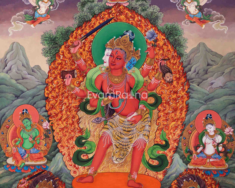 Goddess Vajrayogini Meditation Large Asian Canvas Art Print | Vajrayogini With Green Tara, White Tara, Manjushri