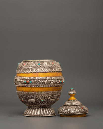 Handcrafted Rice Pot With Silver Plating | Ritual Offering Vessel