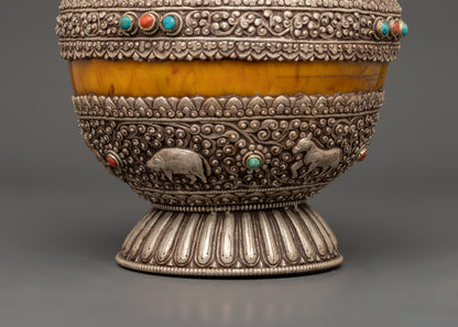 Handcrafted Rice Pot With Silver Plating | Ritual Offering Vessel