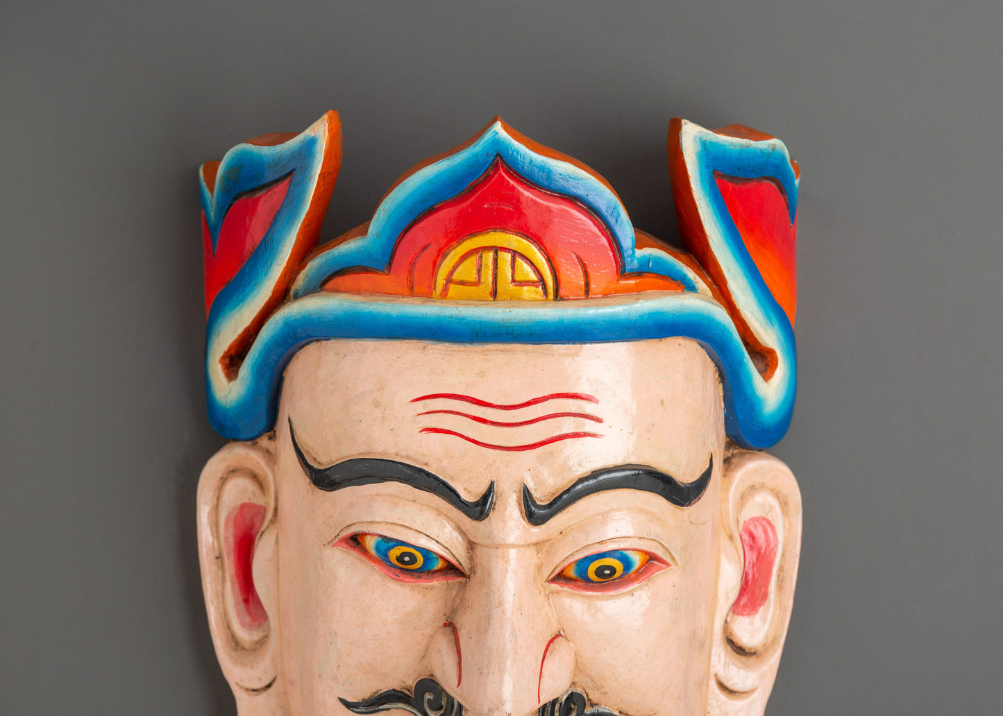 Hand-Carved Padmasambhava Mask | Traditional Tibetan Guru Rinpoche Wall Art