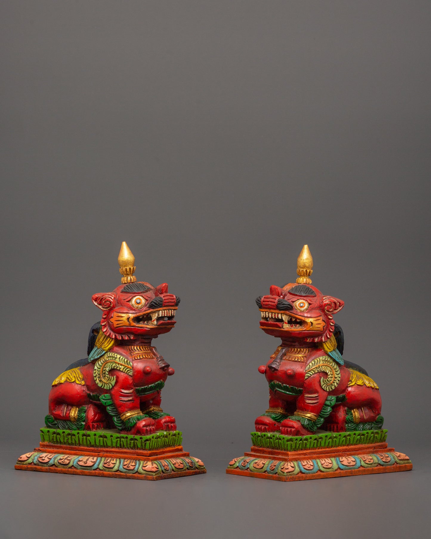 Tibetan Snow Lion Statue Set | Hand-Carved Wooden Guardian Figures for Protection