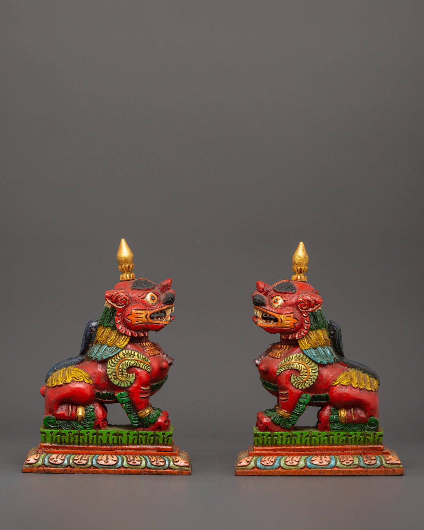 Tibetan Snow Lion Statue Set | Hand-Carved Wooden Guardian Figures for Protection