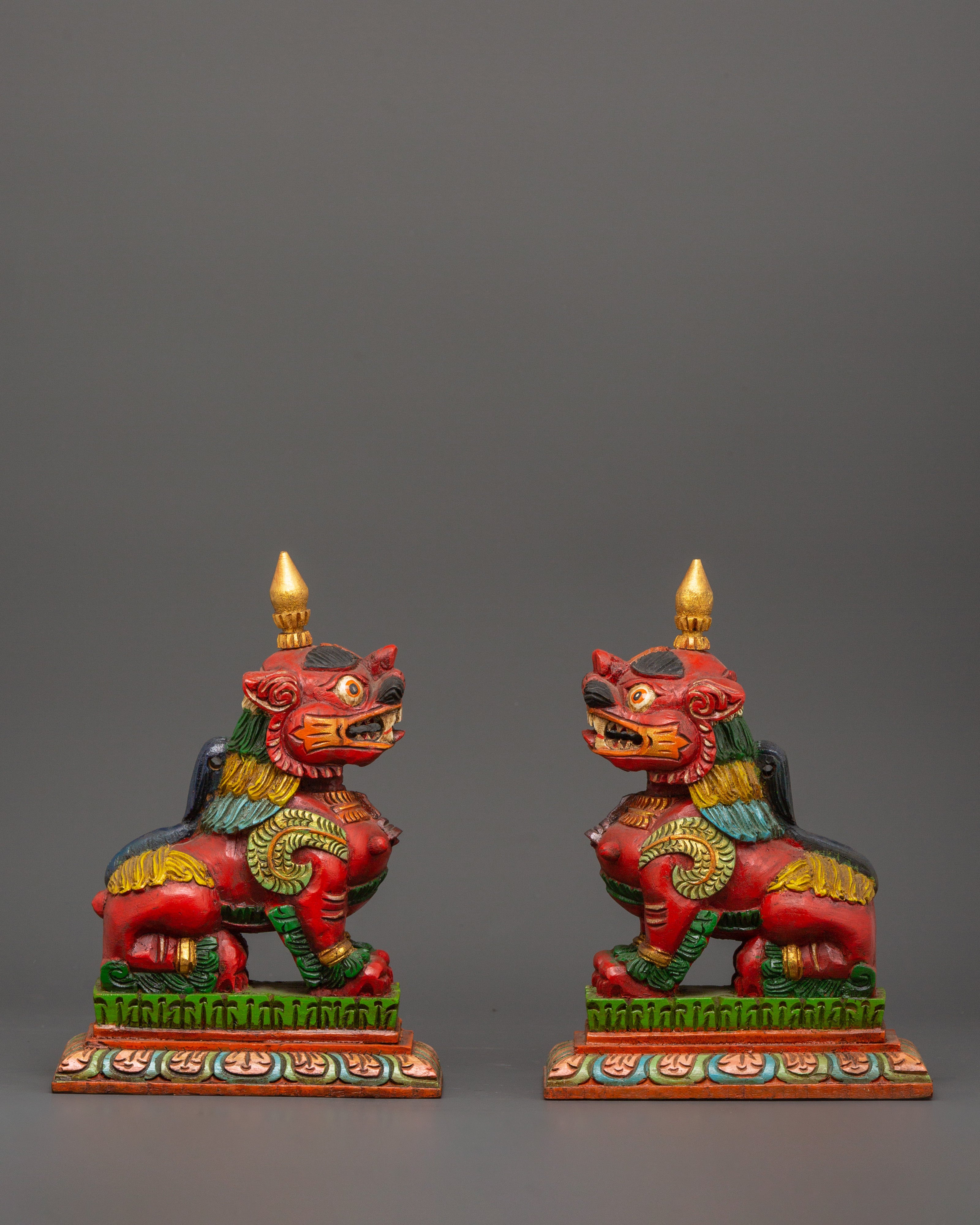 Tibetan Snow Lion Statue Set | Hand-Carved Wooden Guardian Figures for Protection