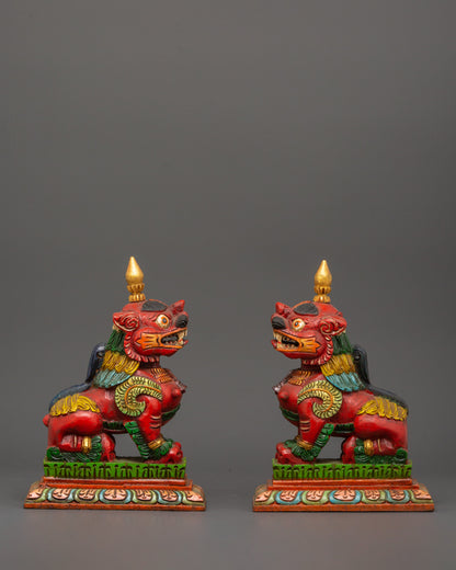 Tibetan Snow Lion Statue Set | Hand-Carved Wooden Guardian Figures for Protection