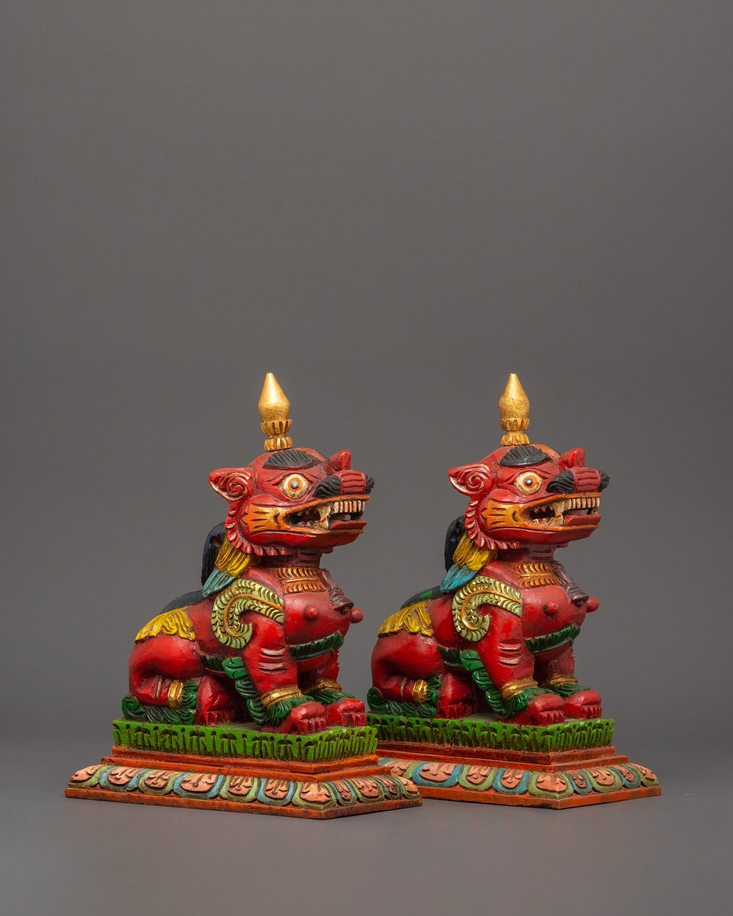 Tibetan Snow Lion Statue Set | Hand-Carved Wooden Guardian Figures for Protection