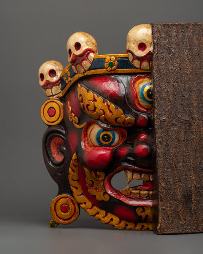 Tibetan Half Bhairav Wooden Mask | Hand-Carved Buddhist Altar Decor