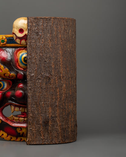 Tibetan Half Bhairav Wooden Mask | Hand-Carved Buddhist Altar Decor