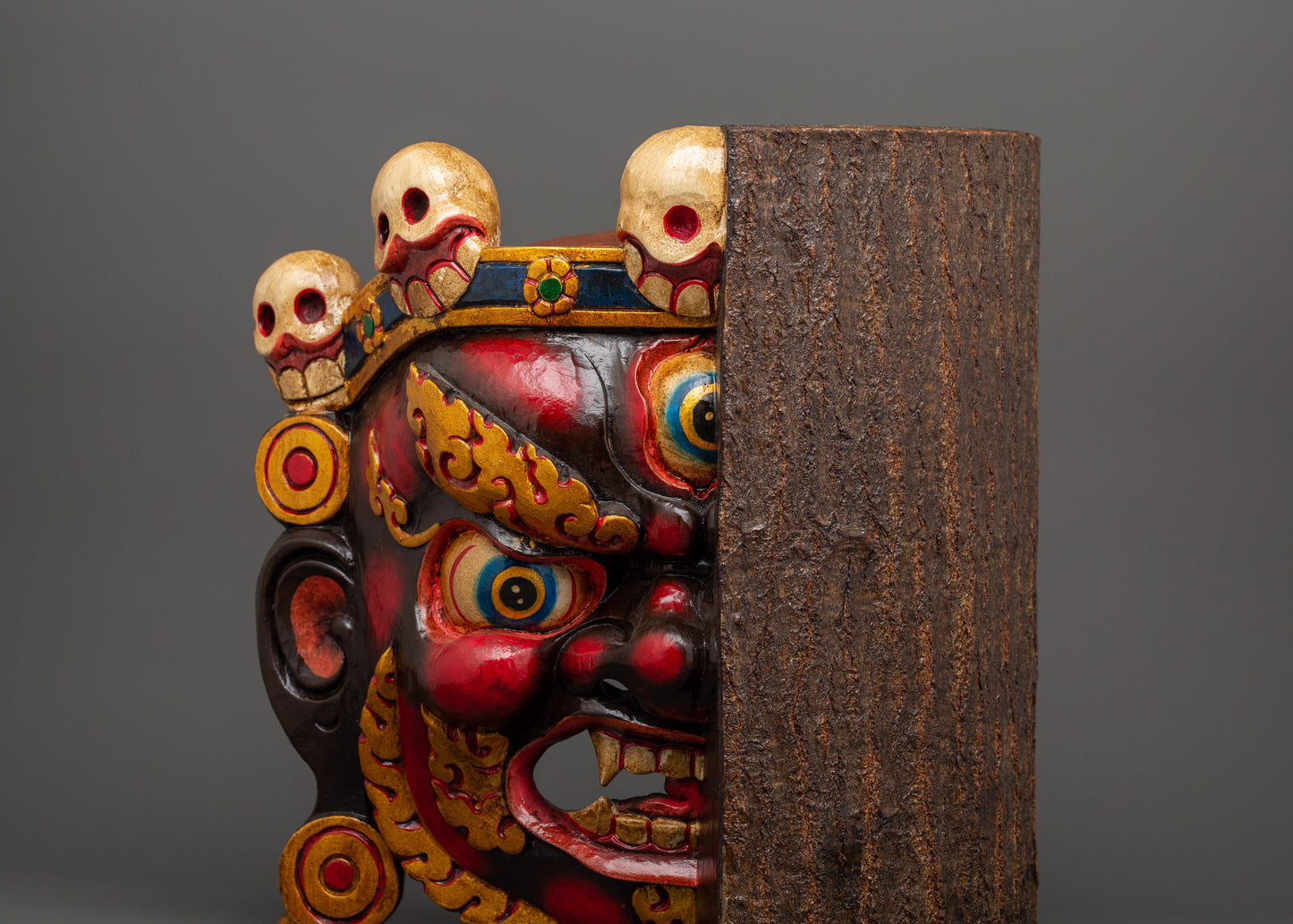 Tibetan Half Bhairav Wooden Mask | Hand-Carved Buddhist Altar Decor