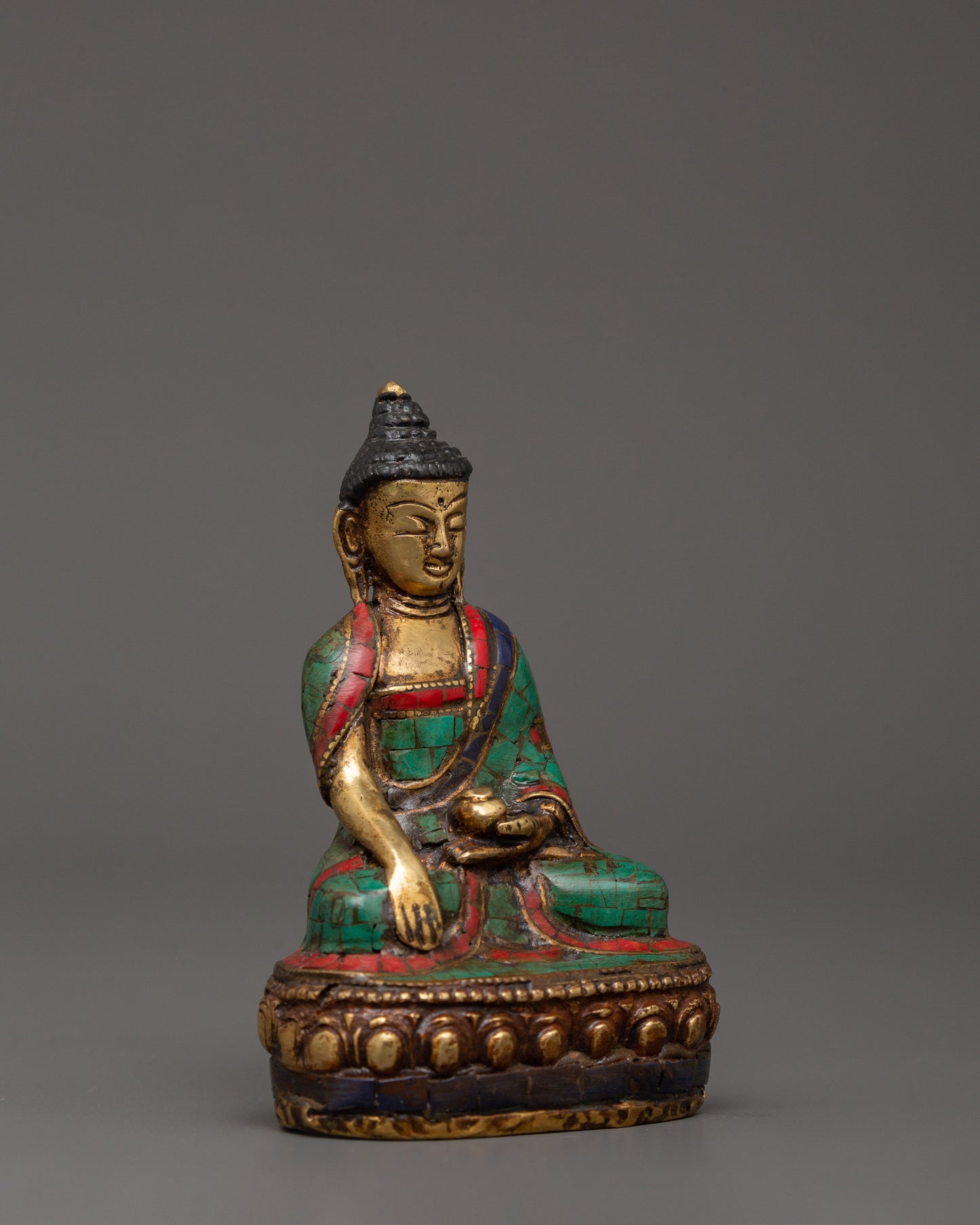 Beautiful Shakyamuni Buddha | Brass with Turquoise & Coral Inlay