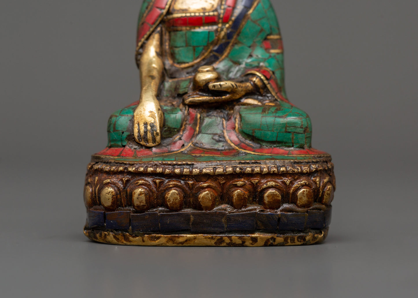 Beautiful Shakyamuni Buddha | Brass with Turquoise & Coral Inlay