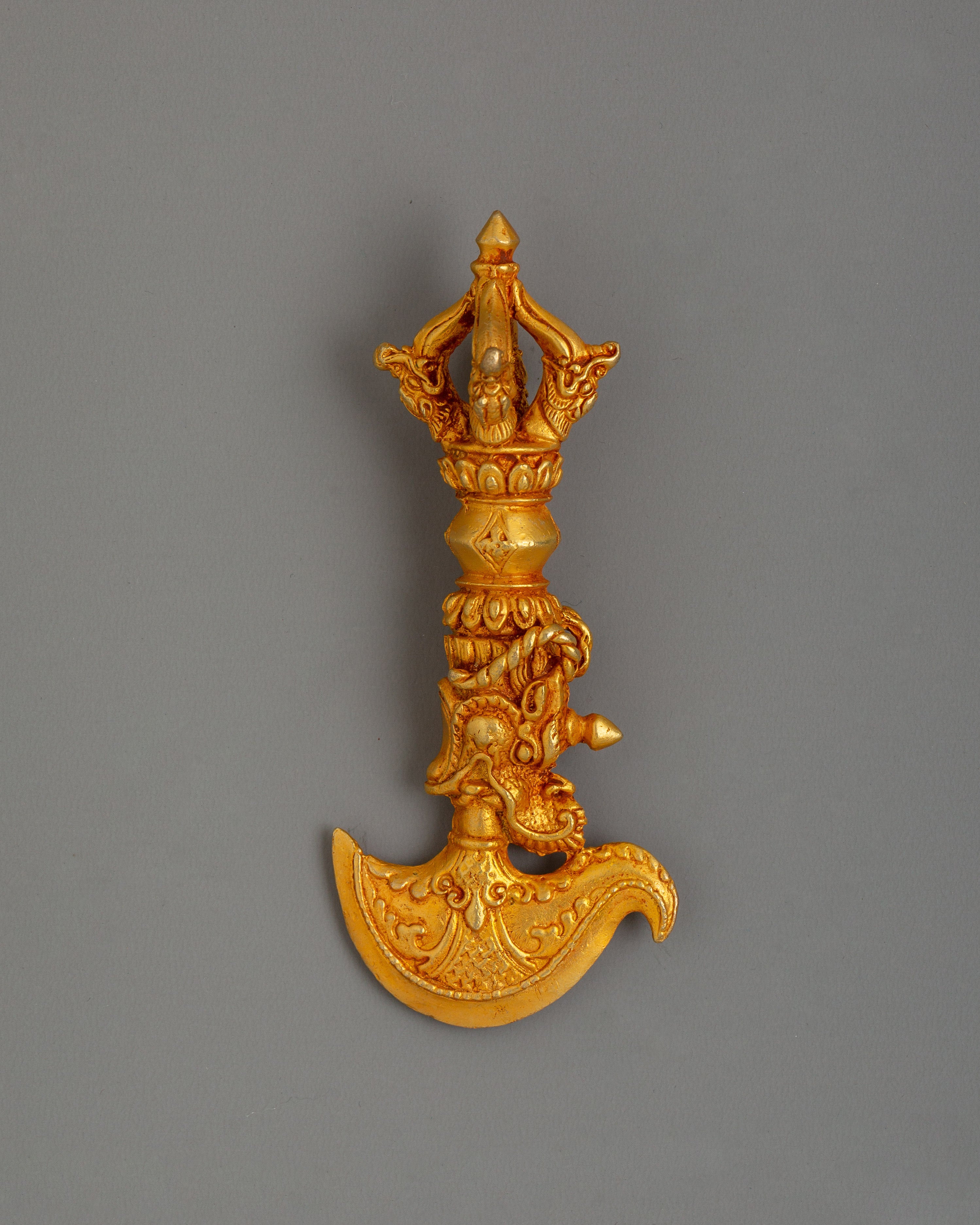 Handcrafted Gold-Plated Curved Kartika Knife | Tibetan Buddhist Ritual Dagger