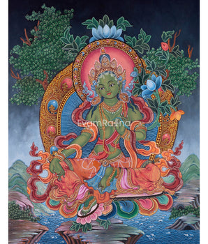 Green Tara Goddess Digital Newari Print | The Mother Tara Art For Mindfulness & Meditation