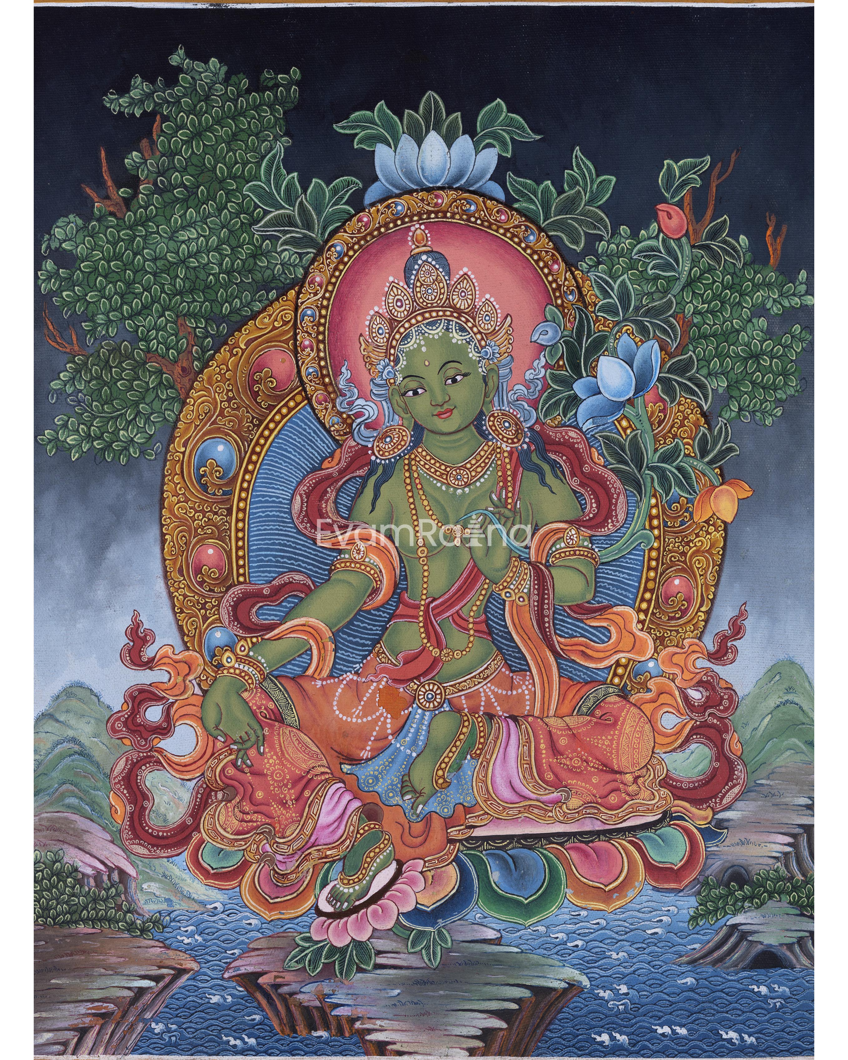 Green Tara Goddess Digital Newari Print | The Mother Tara Art For Mindfulness & Meditation