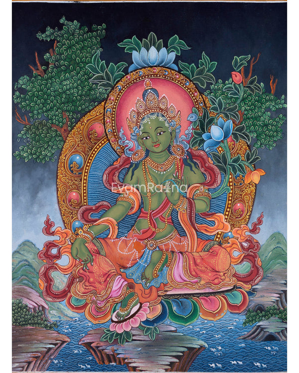 Green Tara Goddess Digital Newari Print | The Mother Tara Art For Mindfulness & Meditation