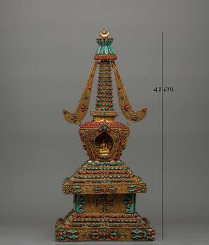 Decorative Stupa with Buddha Figure | Copper Stupa with Gold Plating