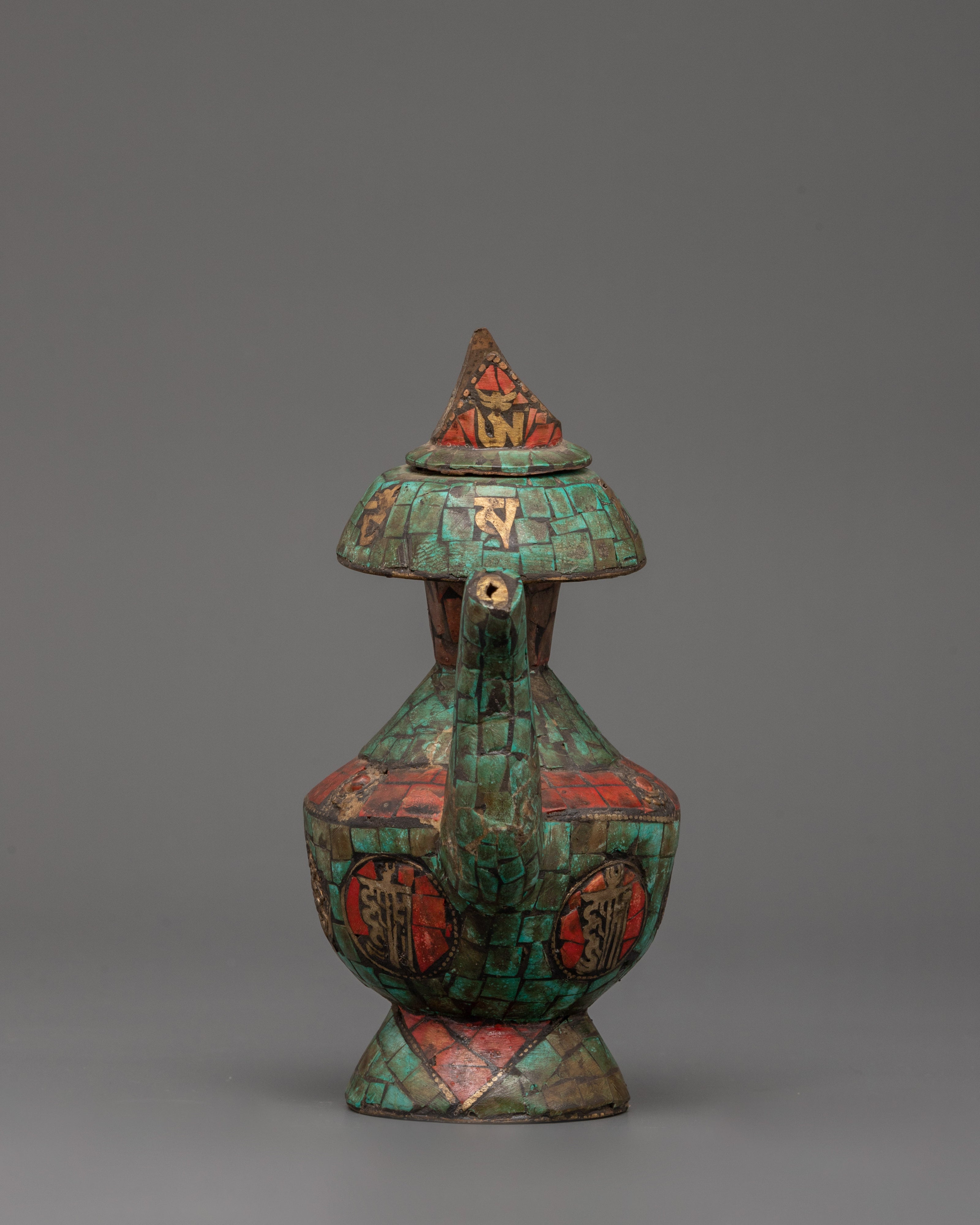 Tibetan Bhumba with Turquoise & Coral Inlay | Ritual Water Vase with Tibetan Symbols