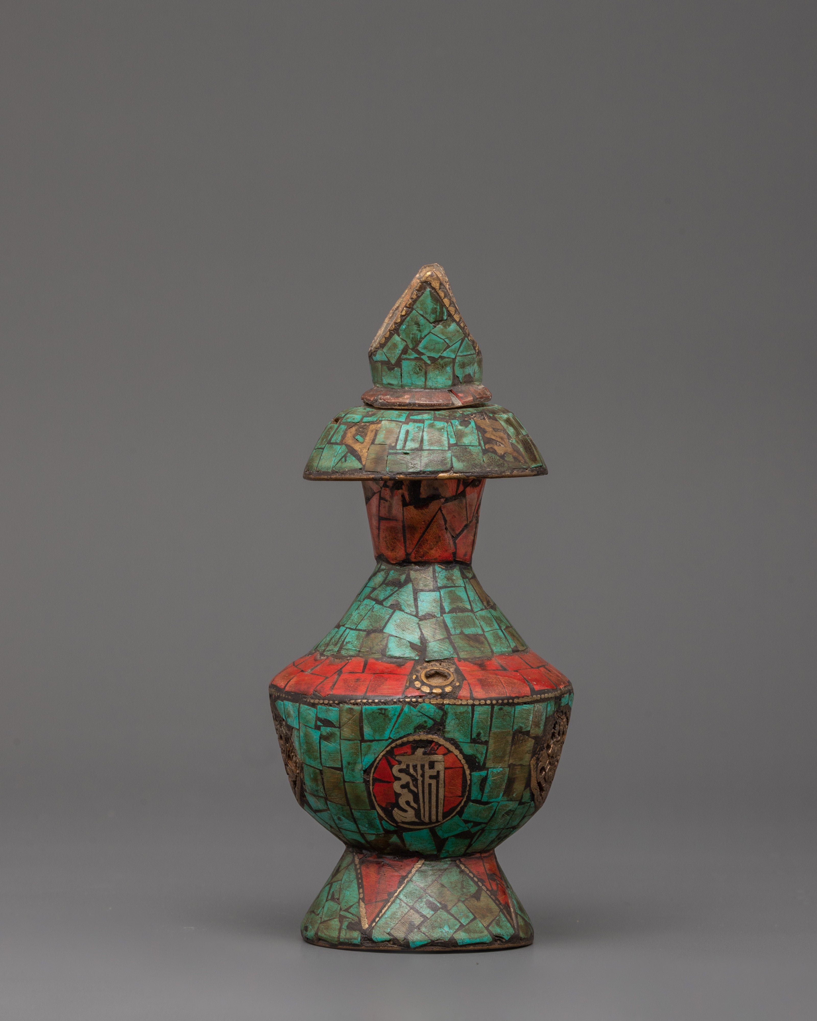 Tibetan Bhumba Set with Turquoise & Coral Inlay | Copper Ritual Water Vases