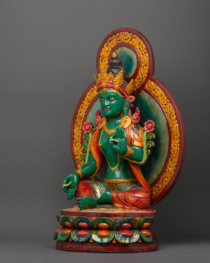 Green Tara Wooden Statue | Symbol of Compassion &amp; Protection