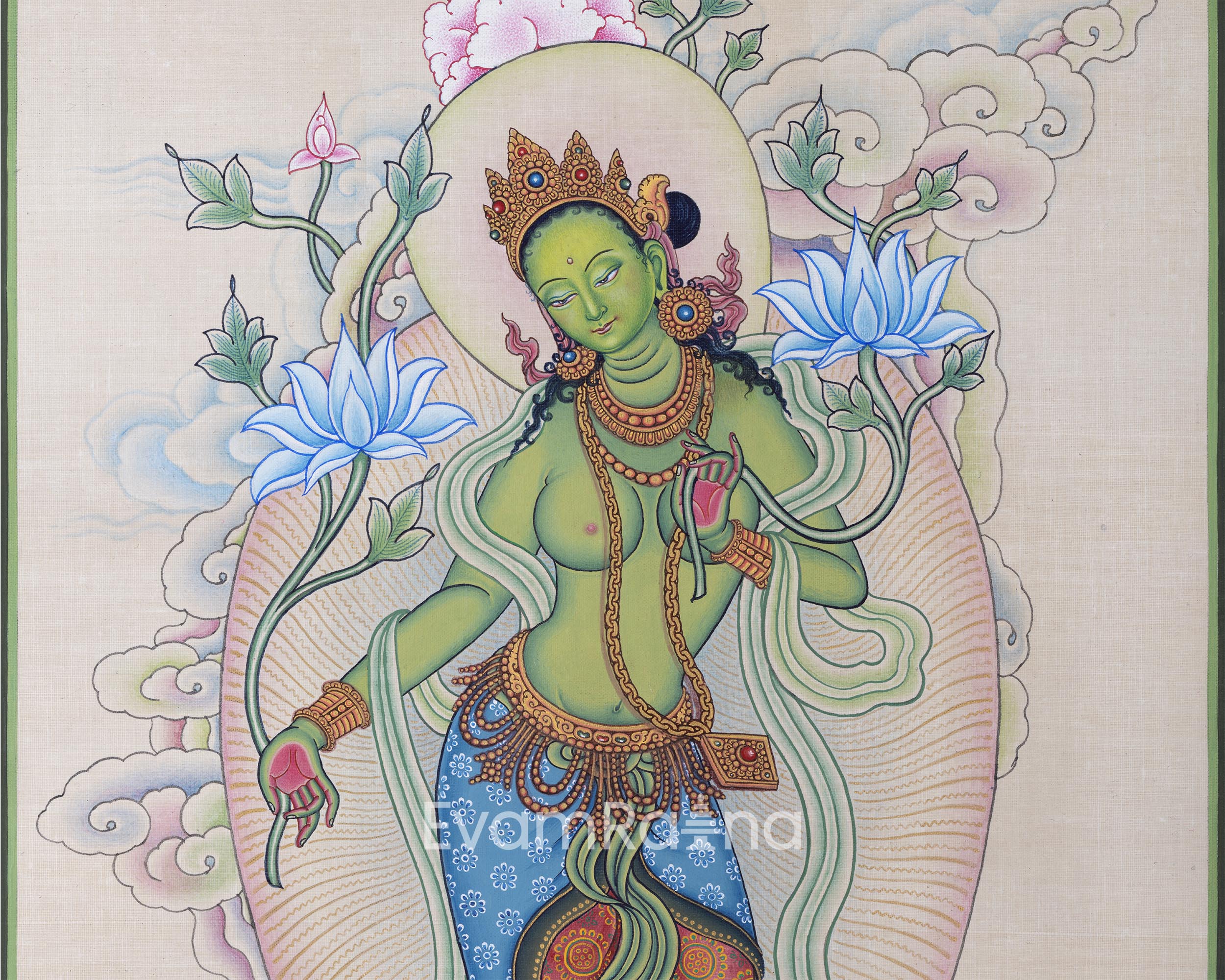 Green Tara Mother Nepali Art Print For Meditation | Traditional Buddhist Deity Print For Daily Practice