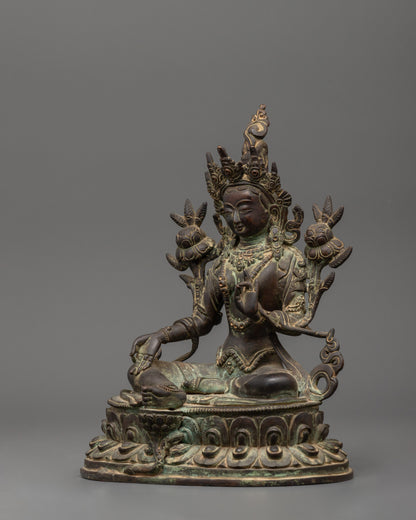 Green Tara Antique Statue | Handcrafted Copper Goddess