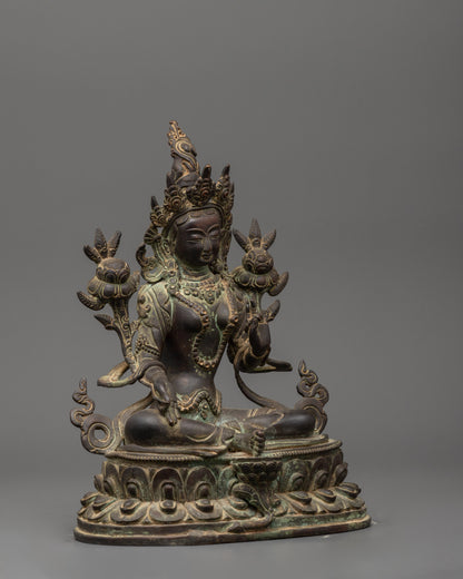 Green Tara Antique Statue | Handcrafted Copper Goddess