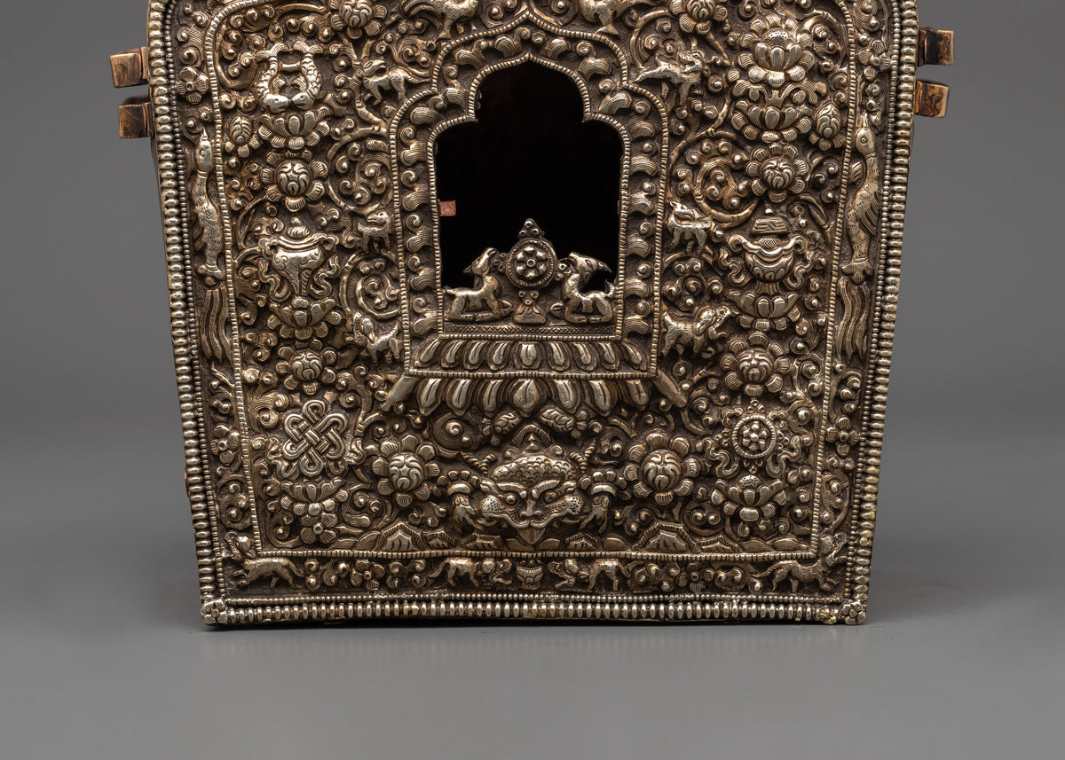 Tibetan Shrine Ghau Box | Silver Plated Buddhist Reliquary