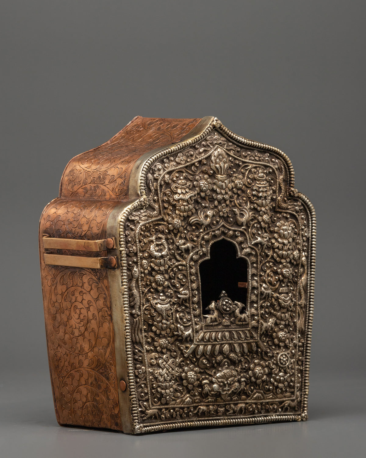 Tibetan Shrine Ghau Box | Silver Plated Buddhist Reliquary