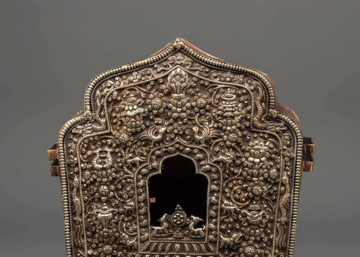 Tibetan Shrine Ghau Box | Silver Plated Buddhist Reliquary