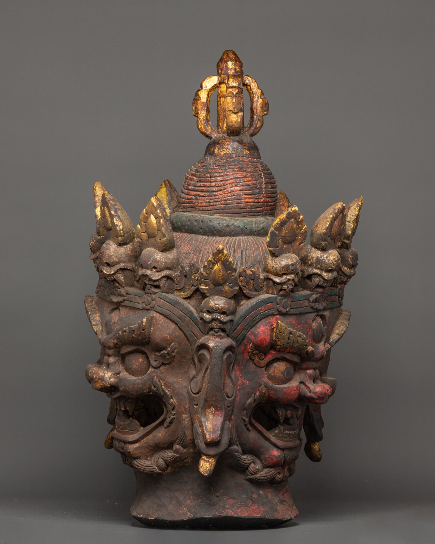 Three-Headed Heruka | Handcrafted Wooden Protector Deity