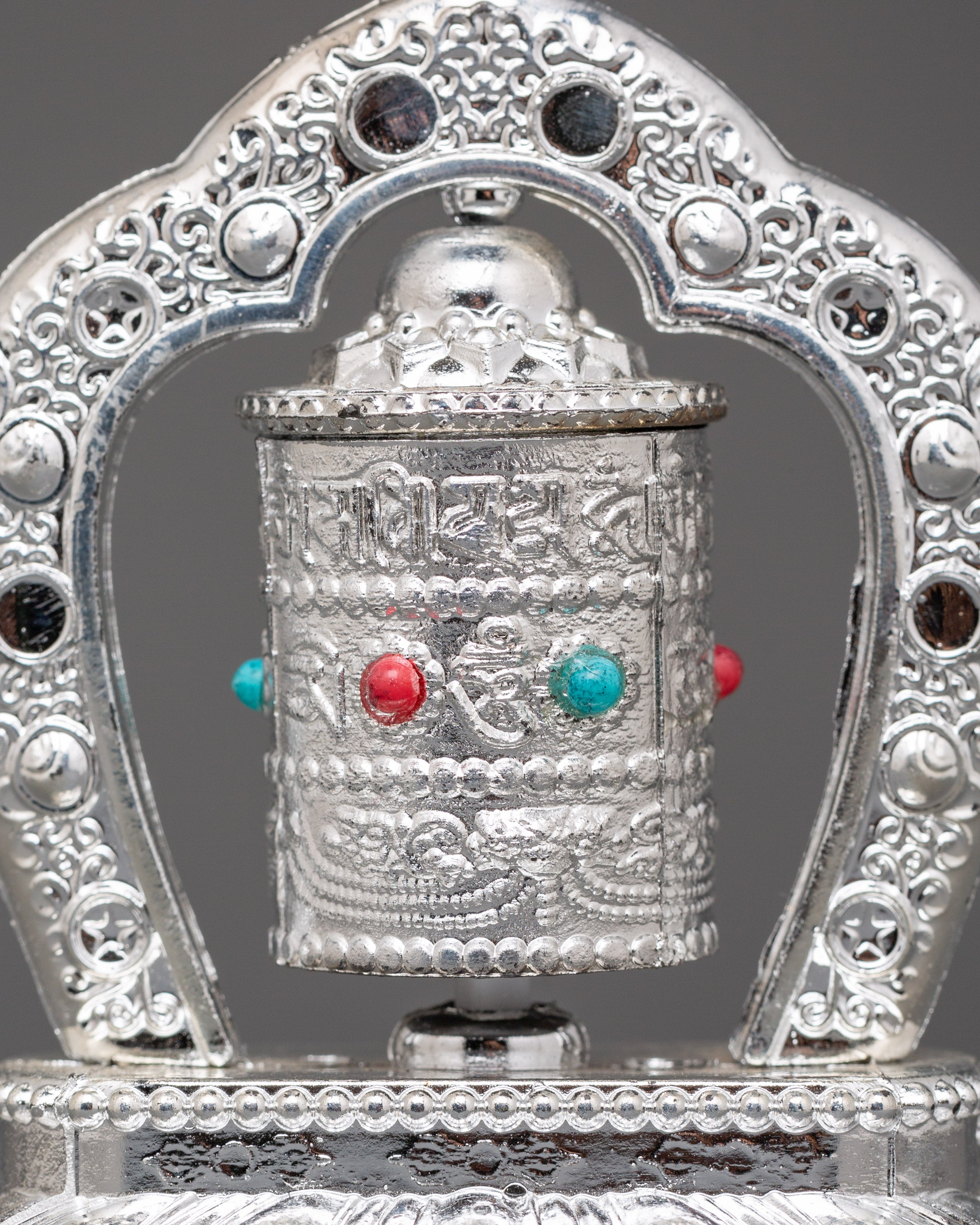 Tibetan Prayer Wheel with Turquoise & Coral Inlay | Buddhist Spiritual Decor