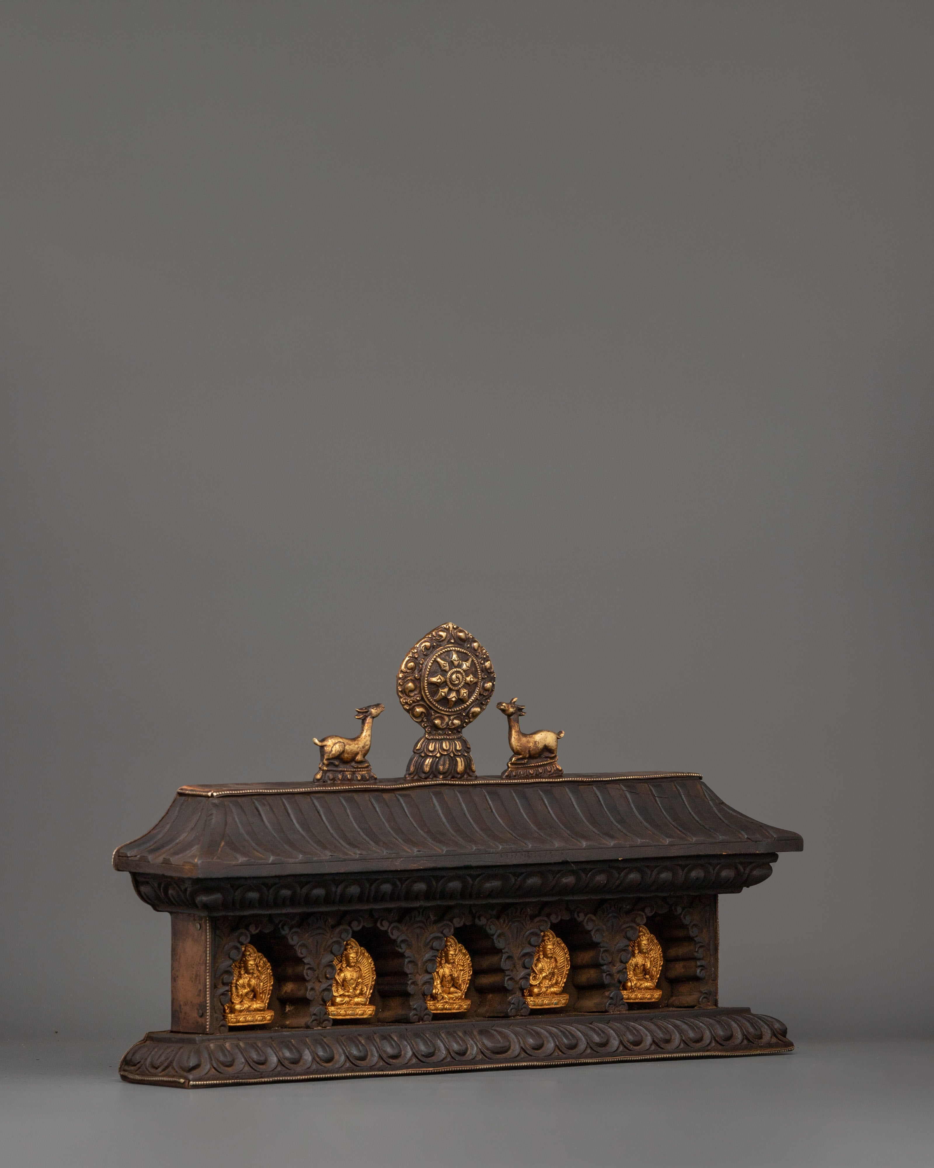 Bodhisattva Figures with Wooden Altar | Gold Plated Copper Statues for Spiritual Decor