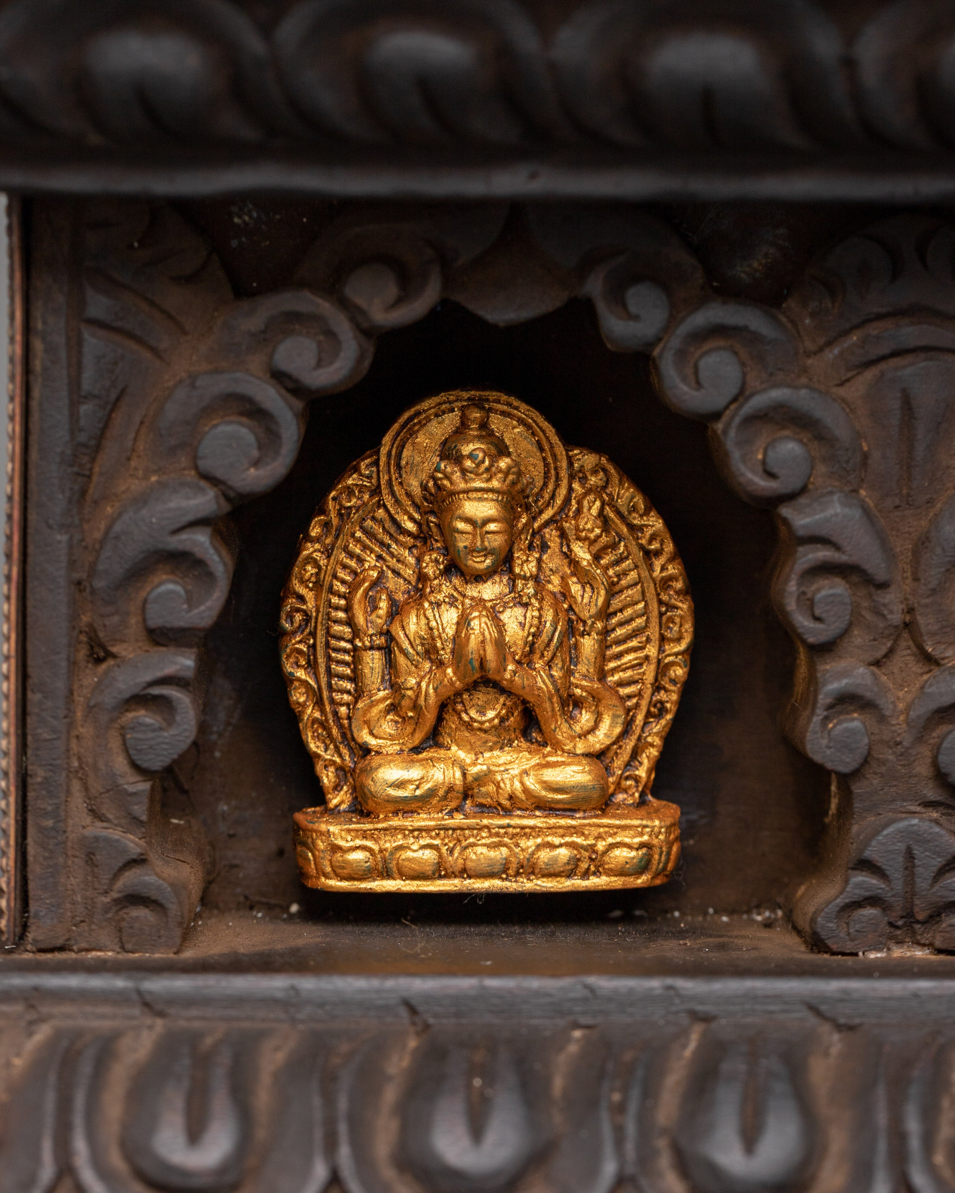 Bodhisattva Figures with Wooden Altar | Gold Plated Copper Statues for Spiritual Decor
