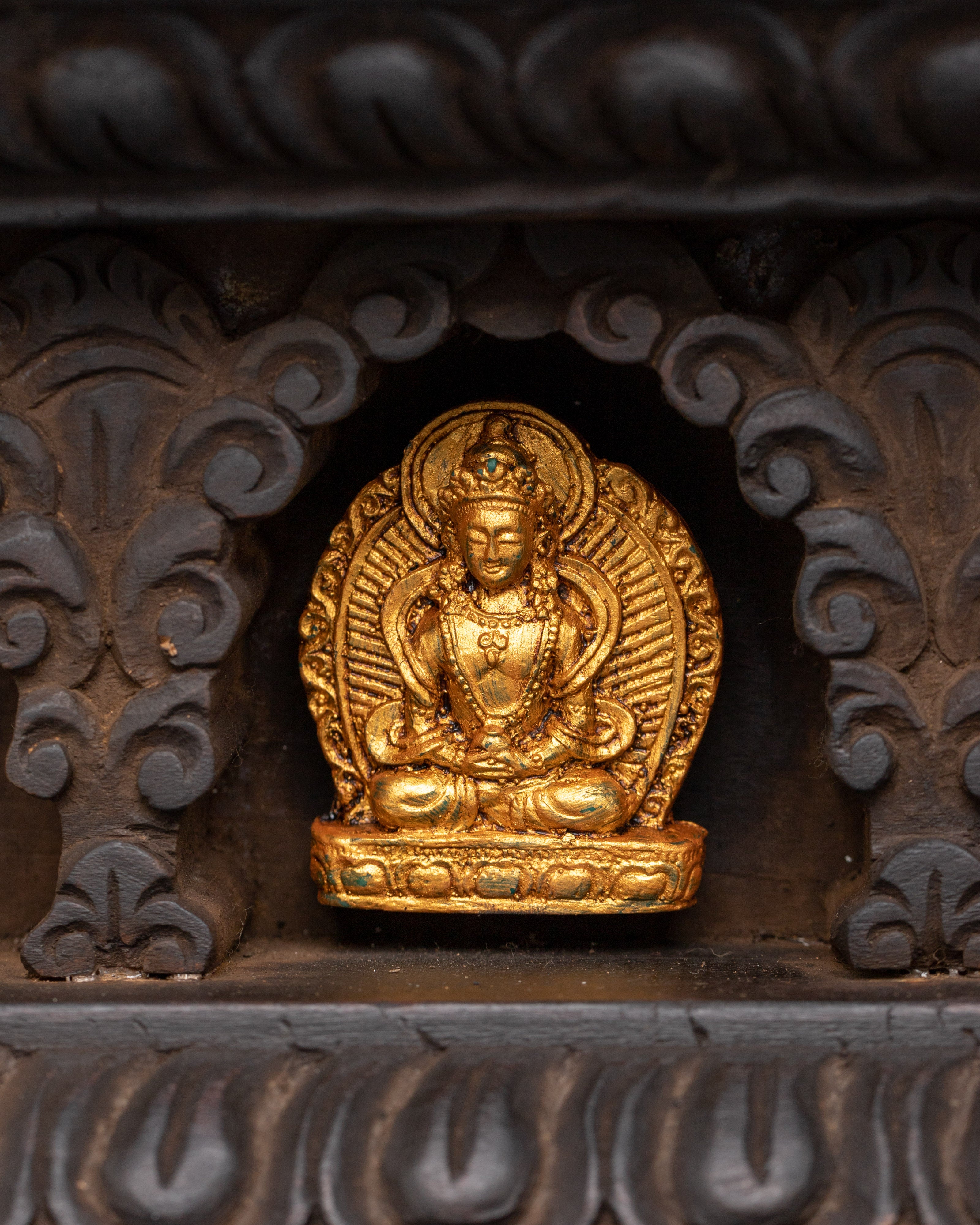 Bodhisattva Figures with Wooden Altar | Gold Plated Copper Statues for Spiritual Decor
