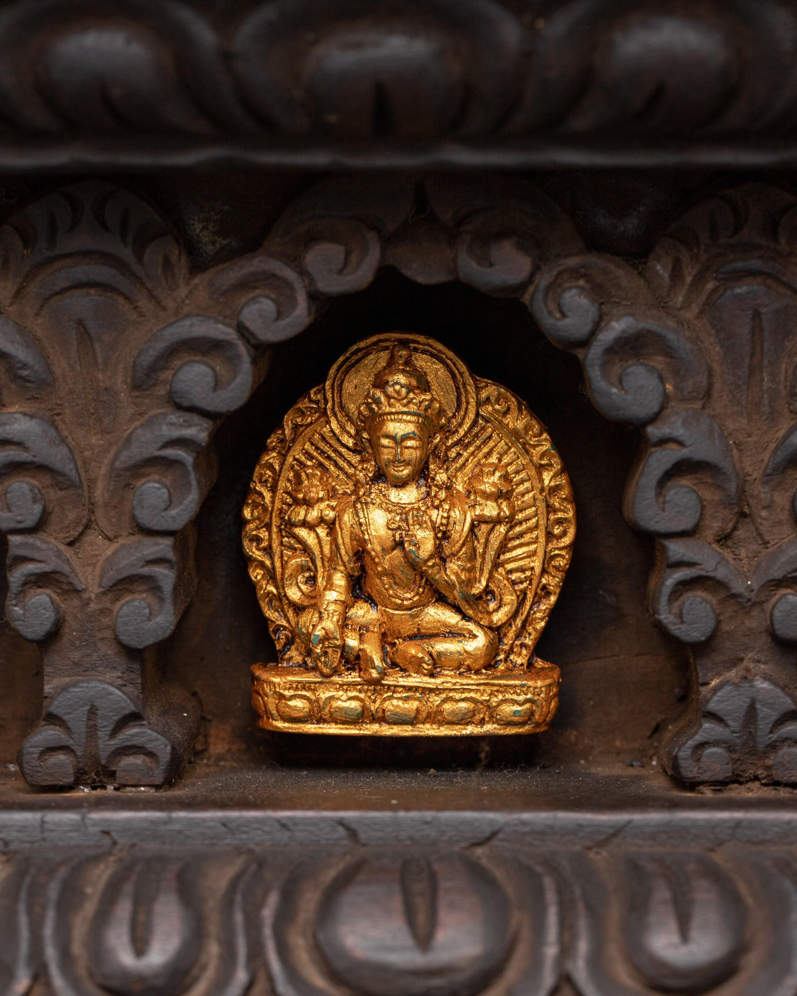 Bodhisattva Figures with Wooden Altar | Gold Plated Copper Statues for Spiritual Decor