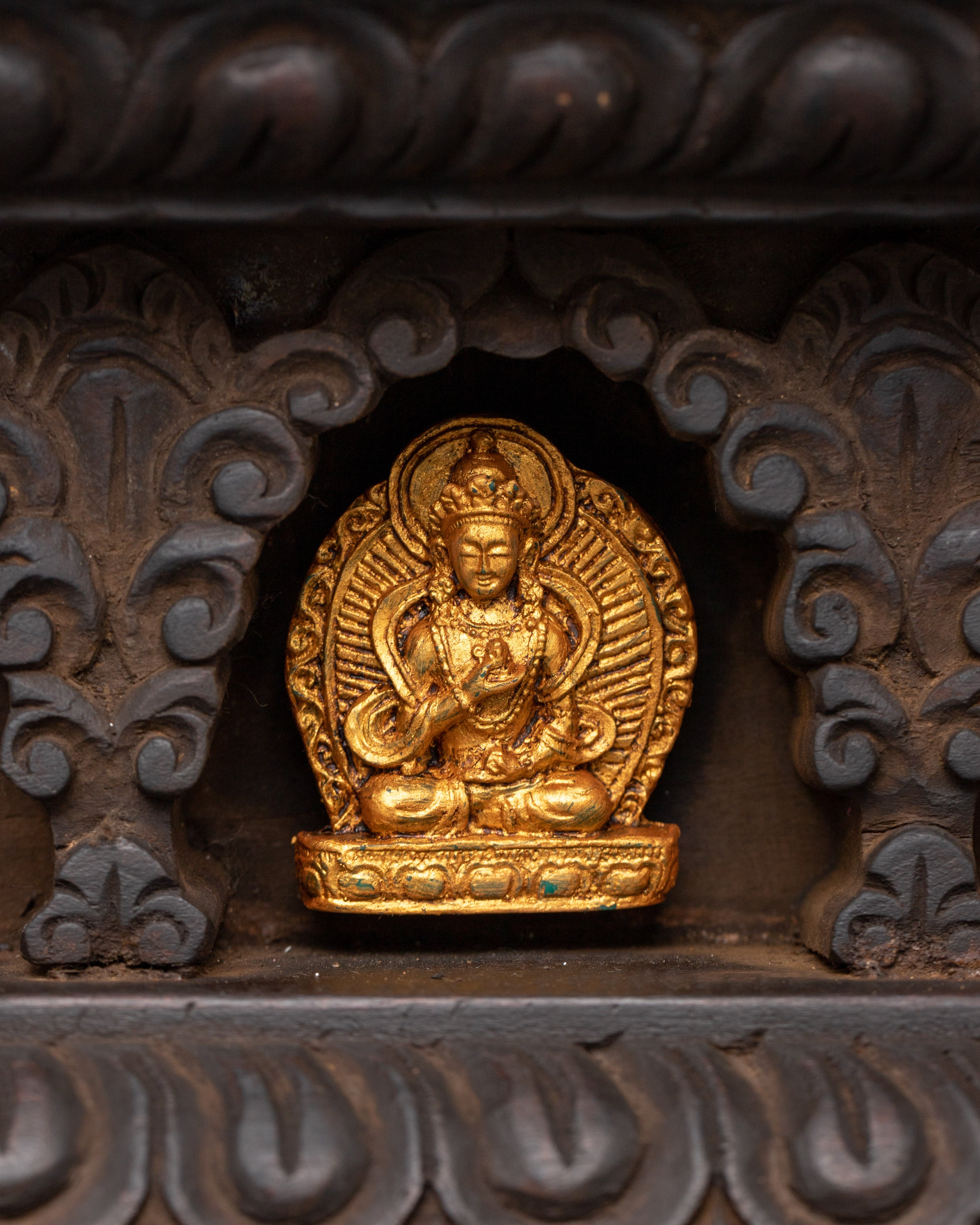 Bodhisattva Figures with Wooden Altar | Gold Plated Copper Statues for Spiritual Decor