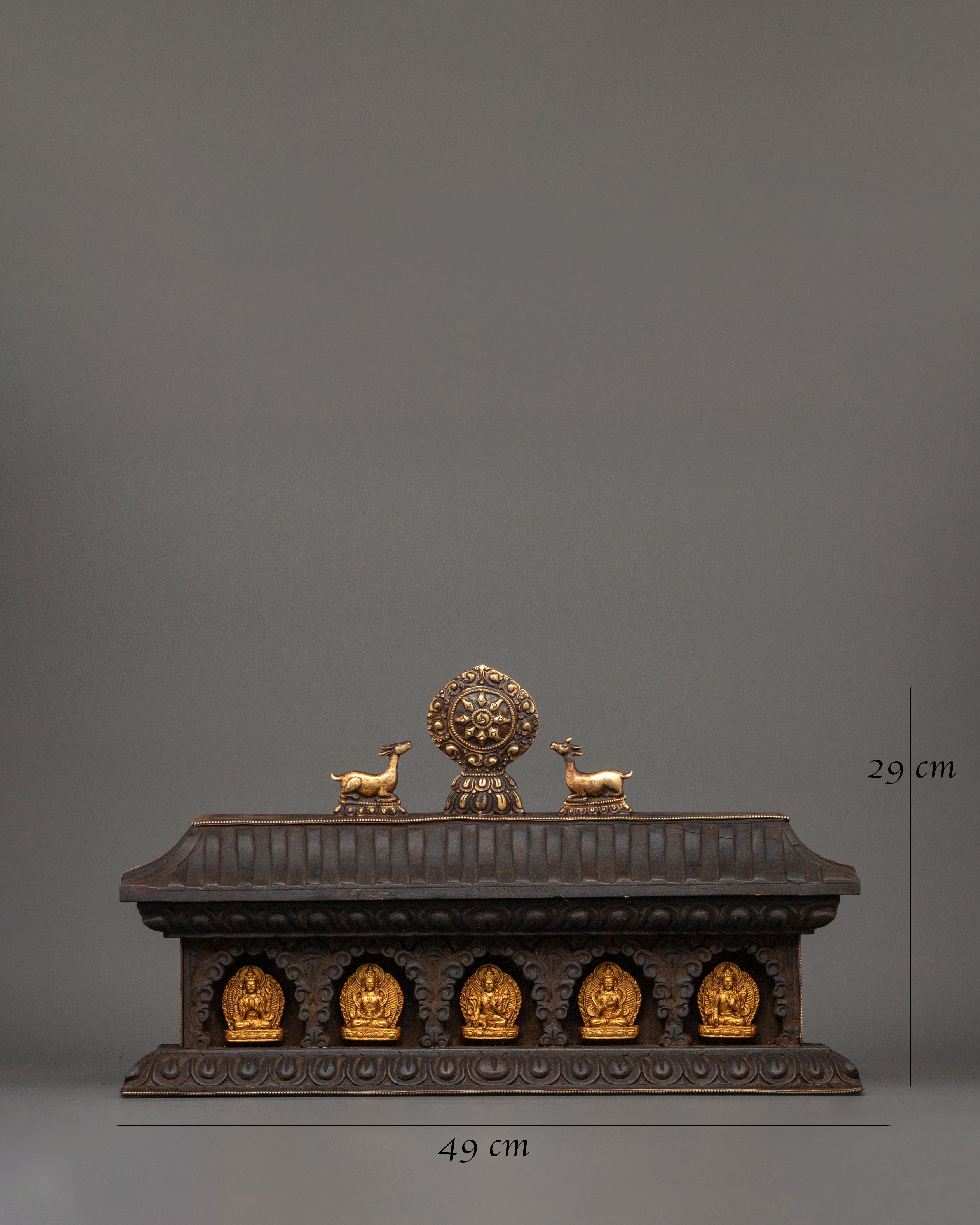 Bodhisattva Figures with Wooden Altar | Gold Plated Copper Statues for Spiritual Decor
