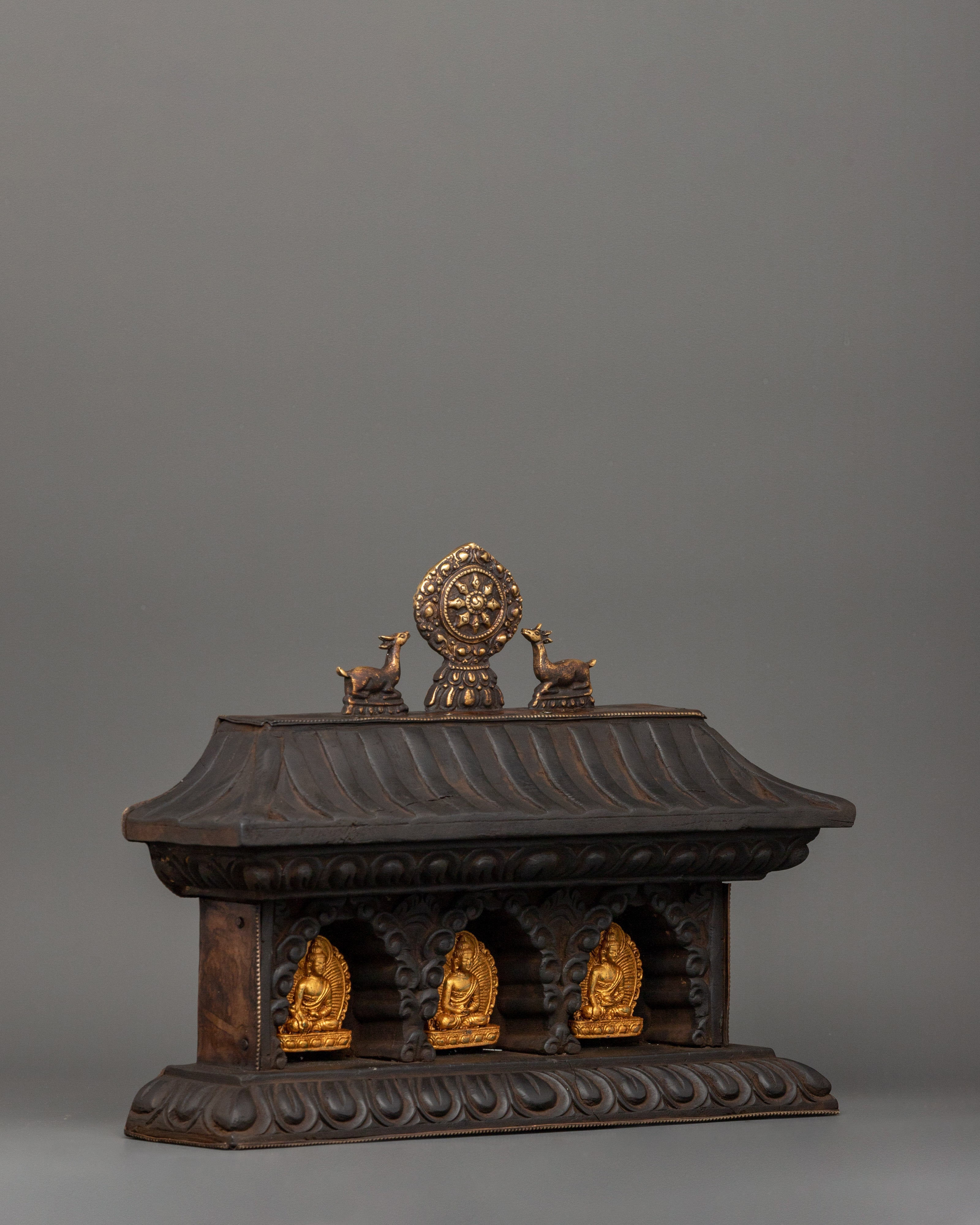 Buddha Set with Wooden Altar Box | Gold-Plated Buddha Figurines for Altar Decor