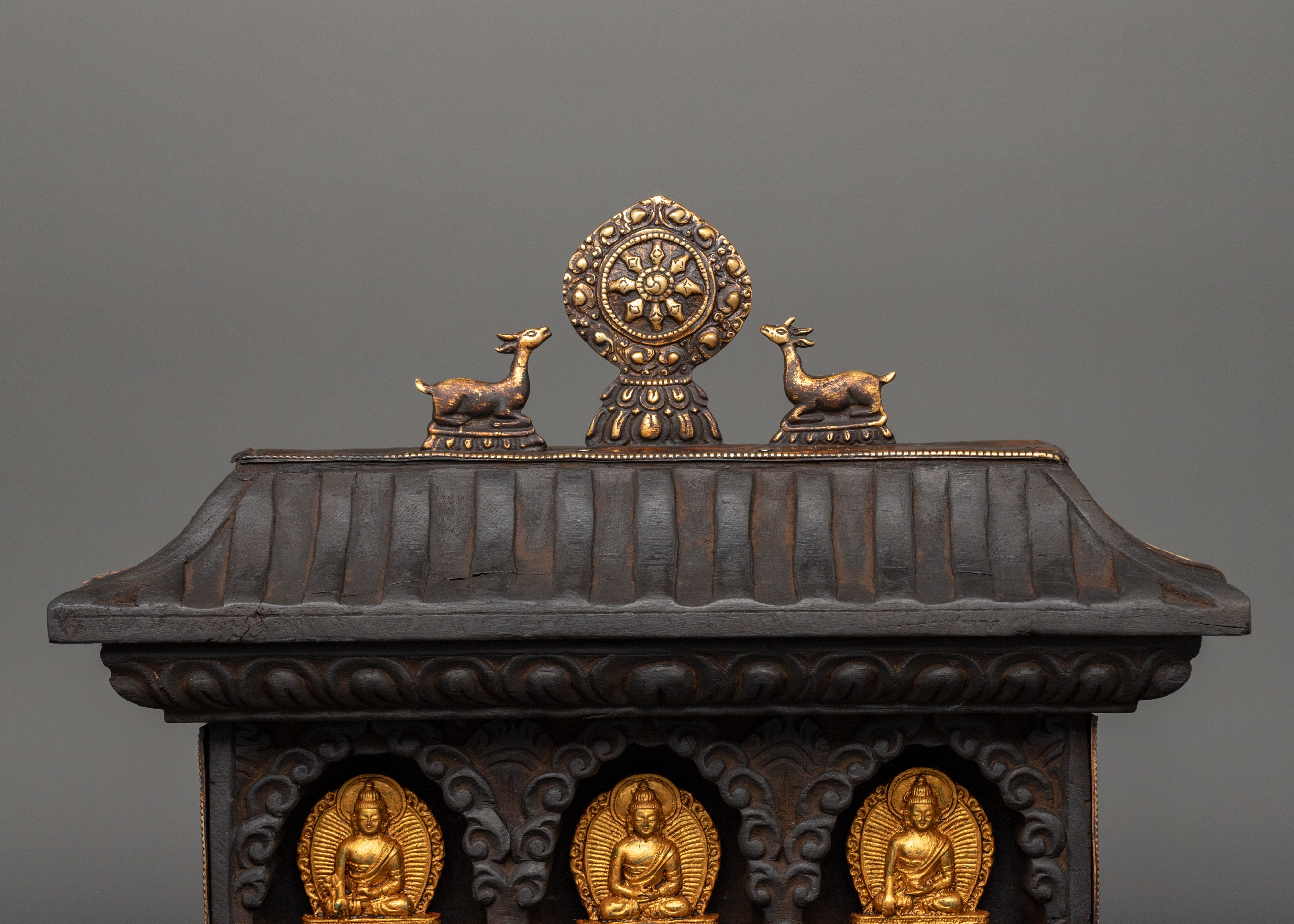 Buddha Set with Wooden Altar Box | Gold-Plated Buddha Figurines for Altar Decor