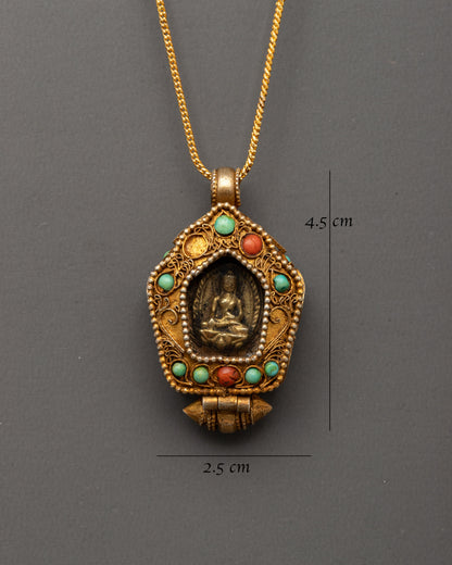 Ghau Box Locket with Shakyamuni Buddha | Tibetan Copper Prayer Box Amulet